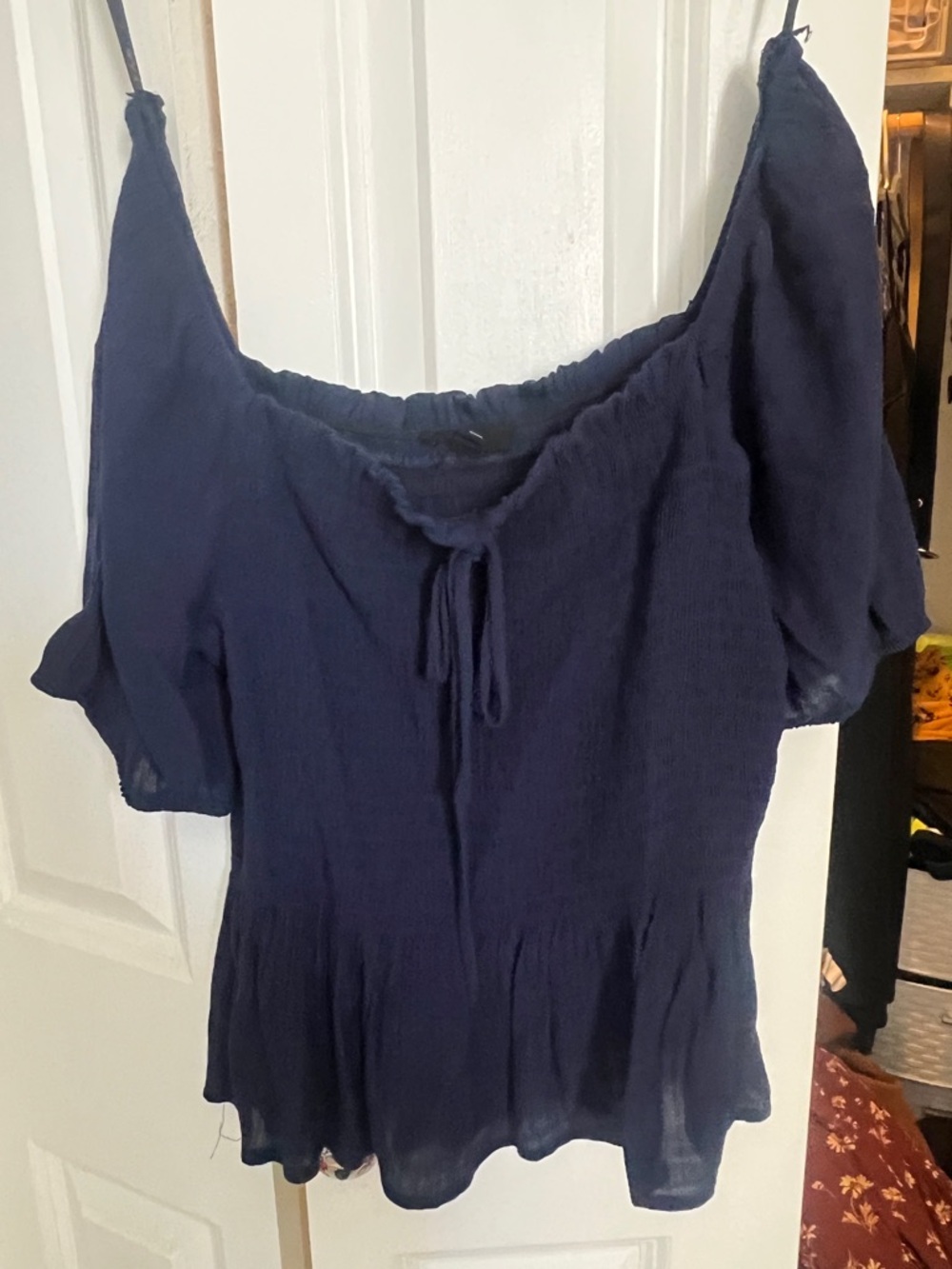 Monteau Navy Smocked Off-Shoulder Peasant Blouse with Tie